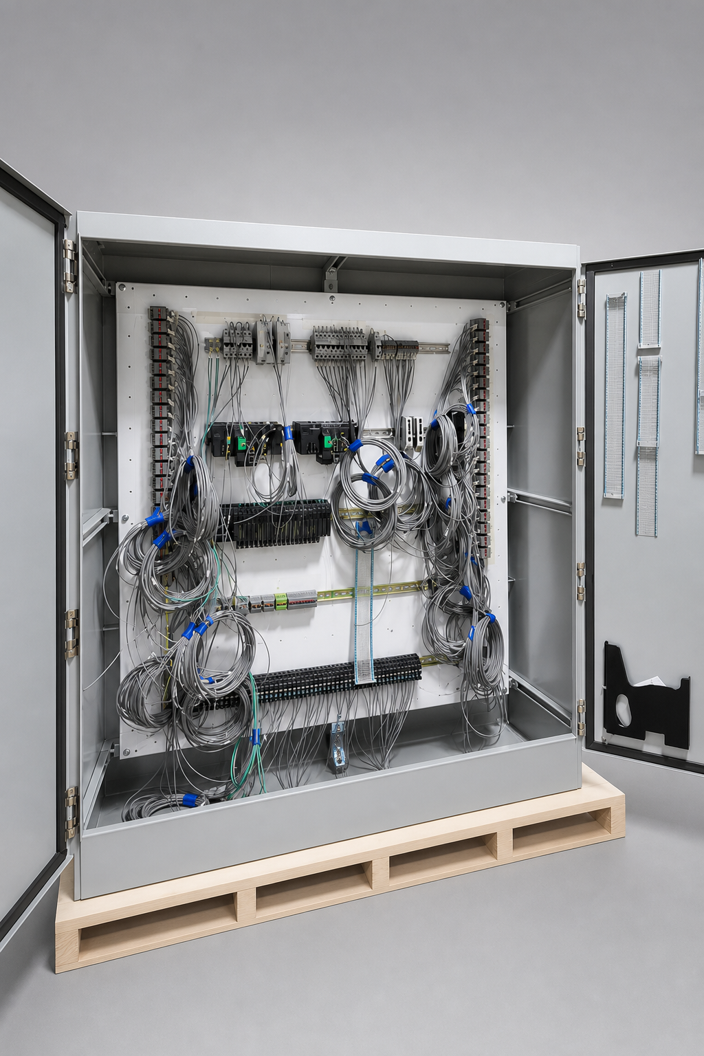 Open electrical control cabinet with wiring in a production environment